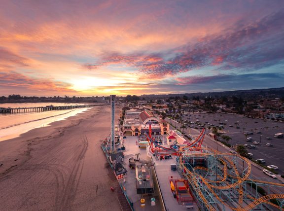 Santa Cruz Boardwalk Aerial View at Sunset, California Santa Cruz Boardwalk Aerial View with Colorful Sunset, California
